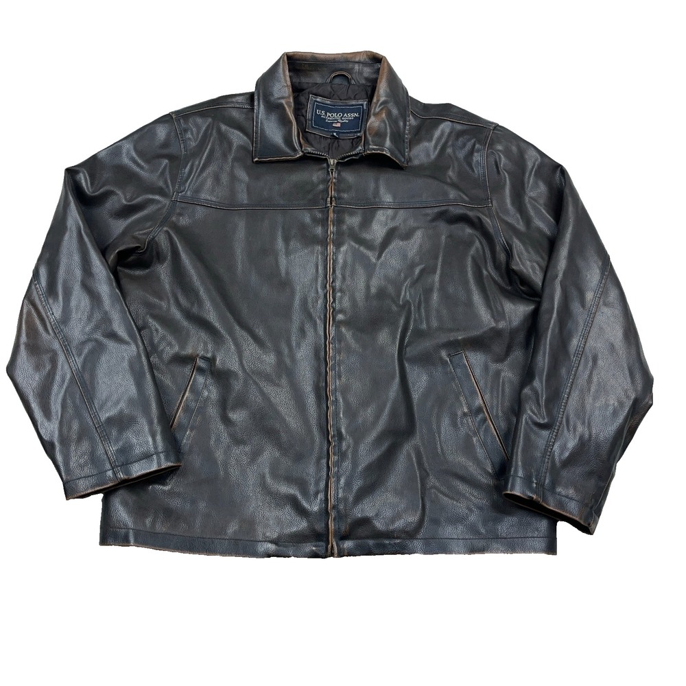 US Polo Assn Faux Leather Jacket Coat Dark Brown Men XL Quilt Lining Bomber